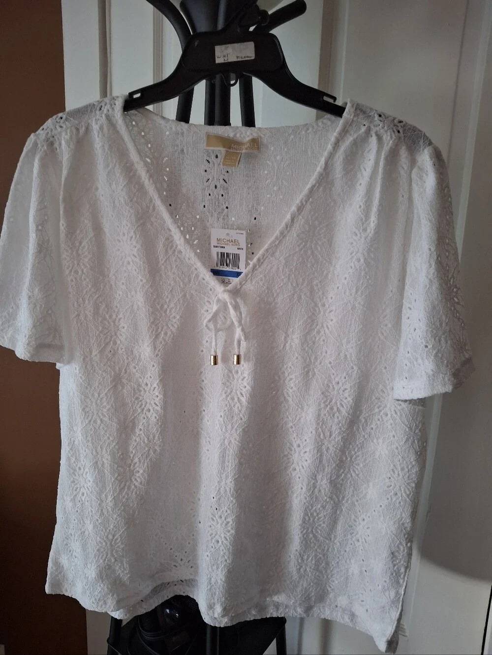 Michael Kors White Eyelet V-Neck Tie Blouse
